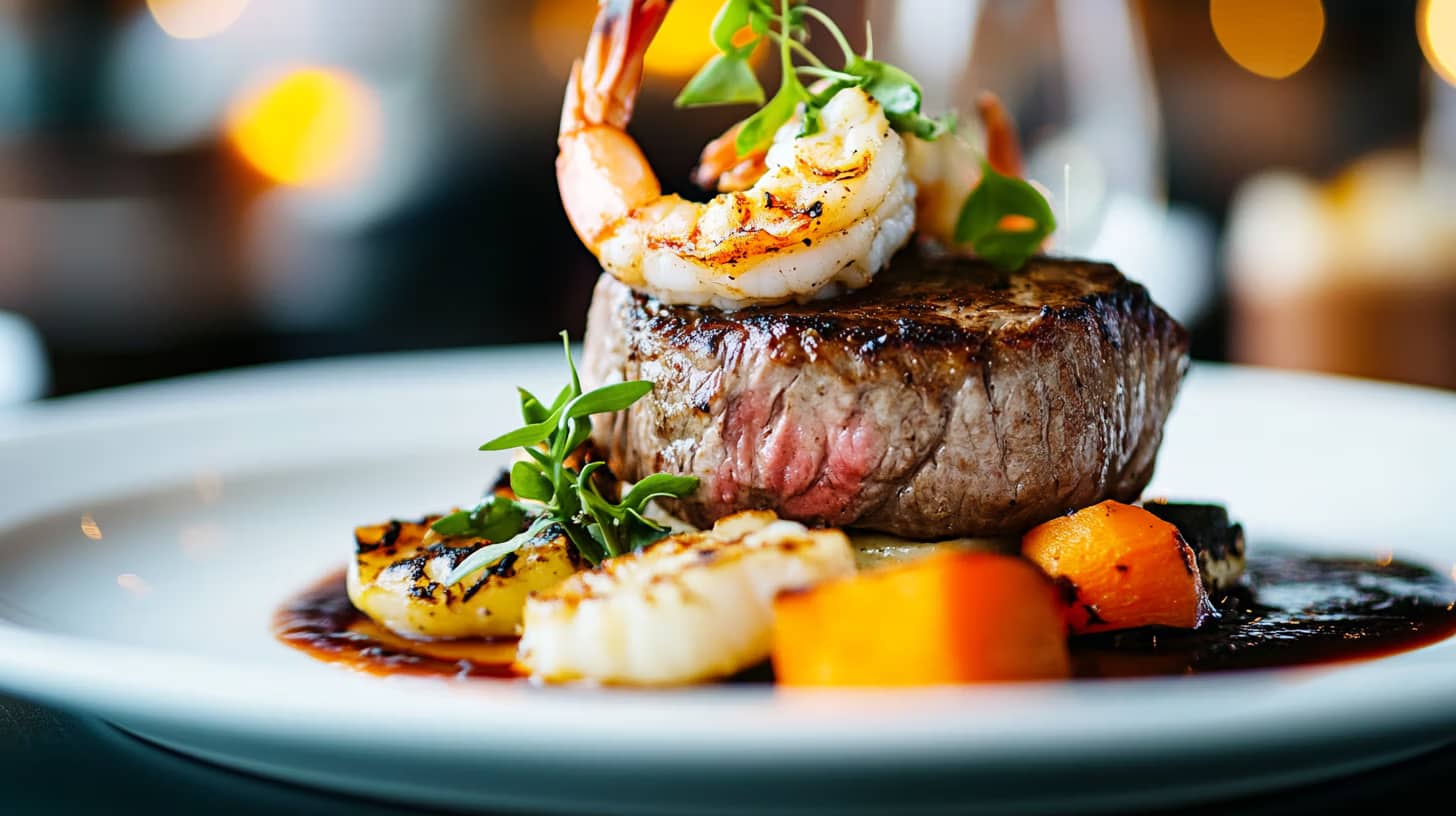 A gourmet dish featuring a juicy steak topped with grilled shrimp, garnished with microgreens. Accompanied by grilled vegetables and placed on a bed of sauce, served on a white plate. A bokeh effect in the background provides a warm ambiance.