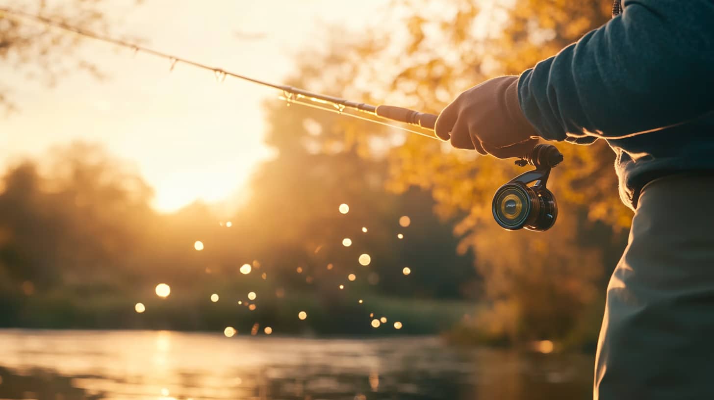 A person is fishing in a sunlit river during sunset, holding a fishing rod with water droplets in the air. The background is softly blurred, highlighting autumn foliage and a golden glow reflecting on the water.