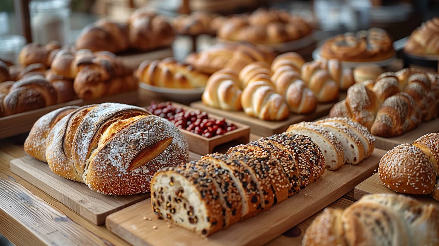 A variety of freshly baked breads and pastries displayed on wooden boards, including sliced loaves with seeds, croissants, and rolls. A small dish of red berries adds color to the rustic setting.
