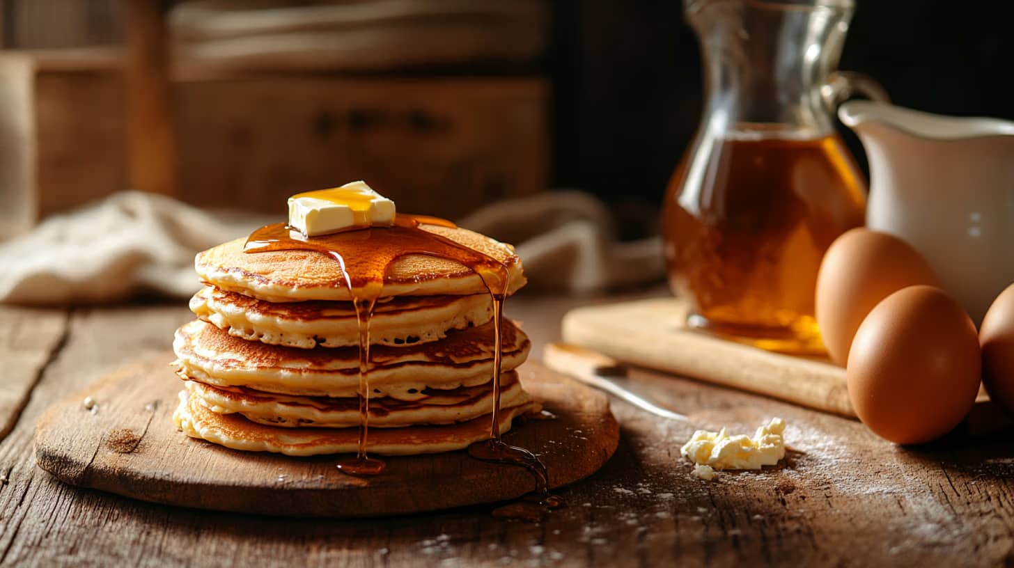 A stack of pancakes with a pat of butter on top and syrup drizzling down the sides, placed on a wooden board. Nearby are eggs, a small bowl of butter, a jar of syrup, and a white pitcher, all set on a rustic wooden table.