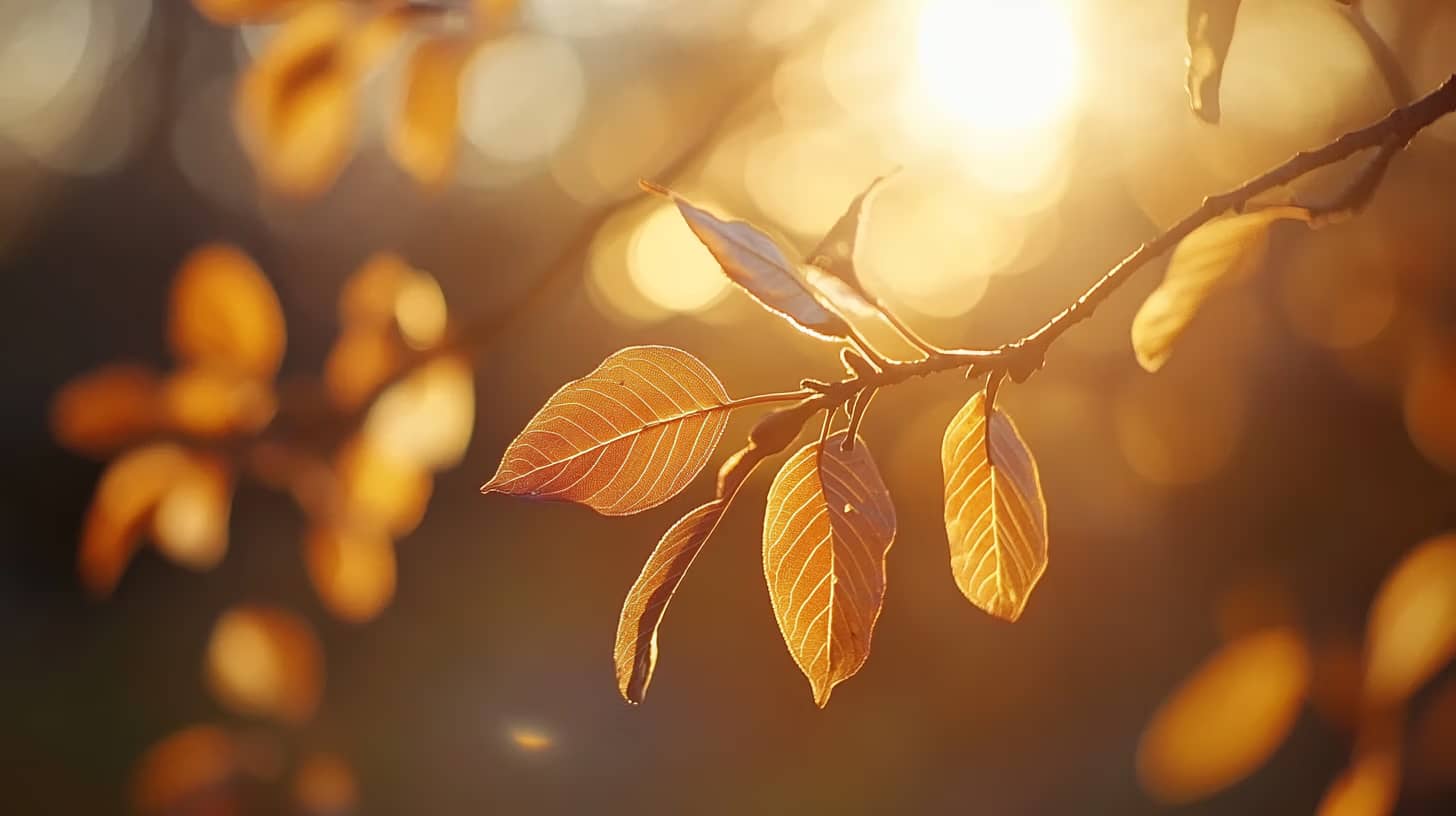 A close-up of autumn leaves on a branch, glowing in warm golden sunlight. The soft background is blurred, enhancing the vibrant hues of the leaves, creating a serene and tranquil atmosphere.