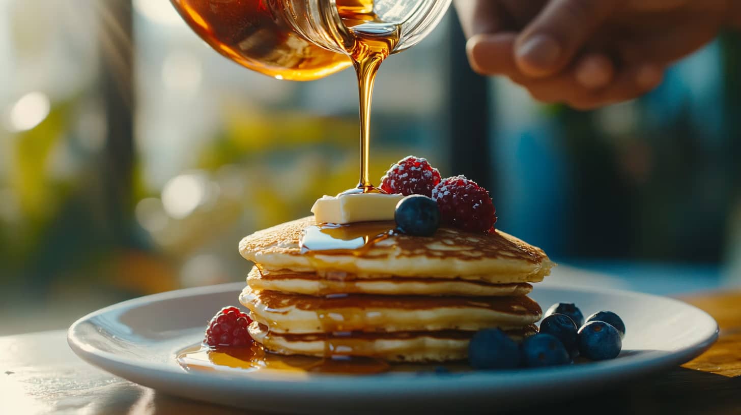 A stack of pancakes topped with butter and fresh raspberries and blueberries sits on a plate. Syrup is being poured over the pancakes, glistening in the morning light coming through a window in the background.