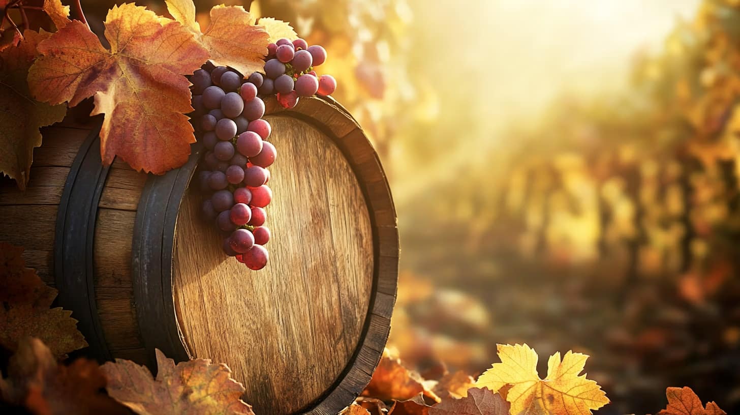 A wooden barrel surrounded by vibrant autumn leaves and a cluster of ripe grapes is gently illuminated by the soft glow of sunlight in the background, creating a warm and rustic vineyard scene.