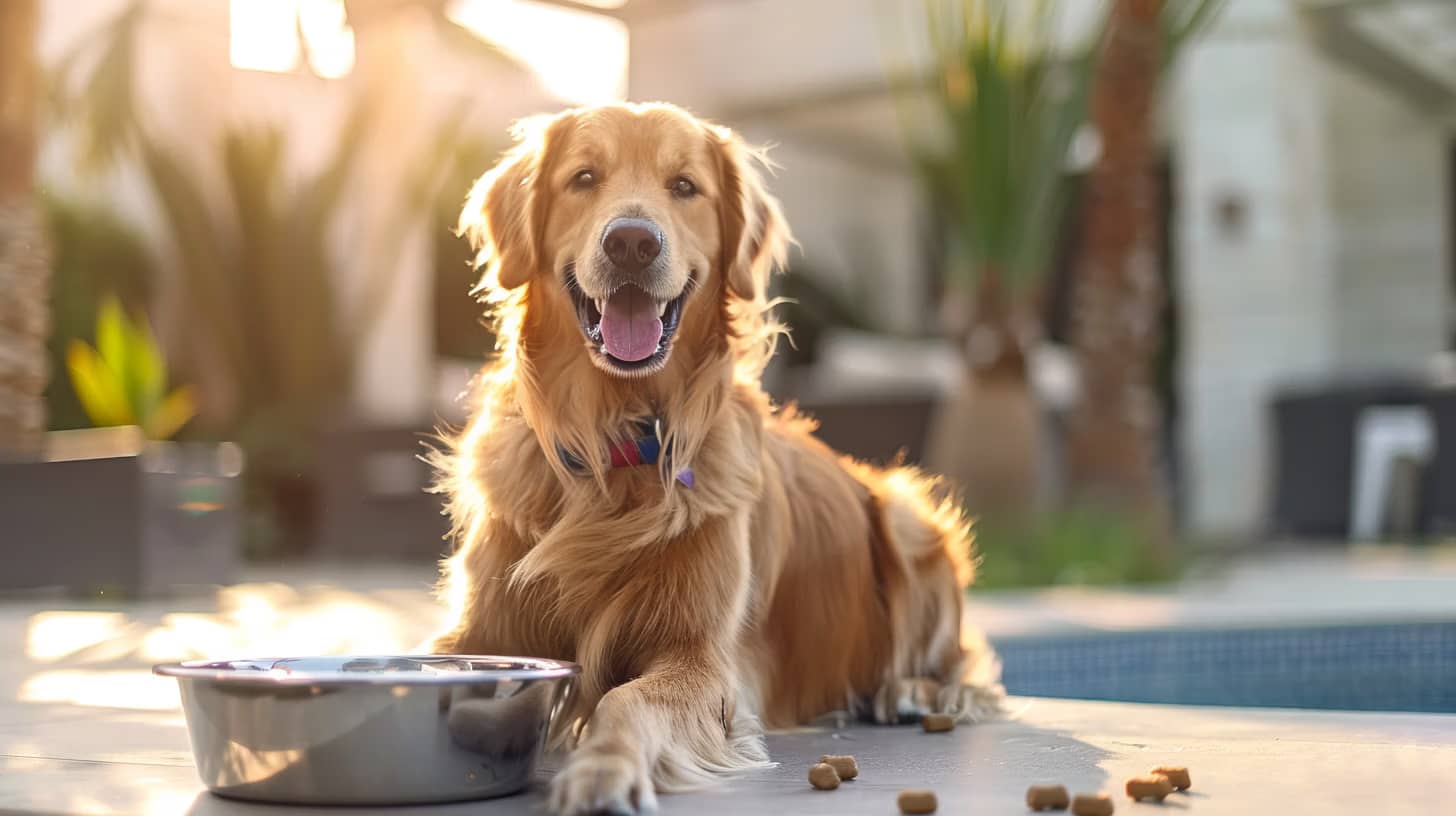 A golden retriever lies happily beside a bowl and some dog food on a patio. The sun casts a warm glow, highlighting the dog's shiny fur. The background features plants and blurred outdoor furniture.