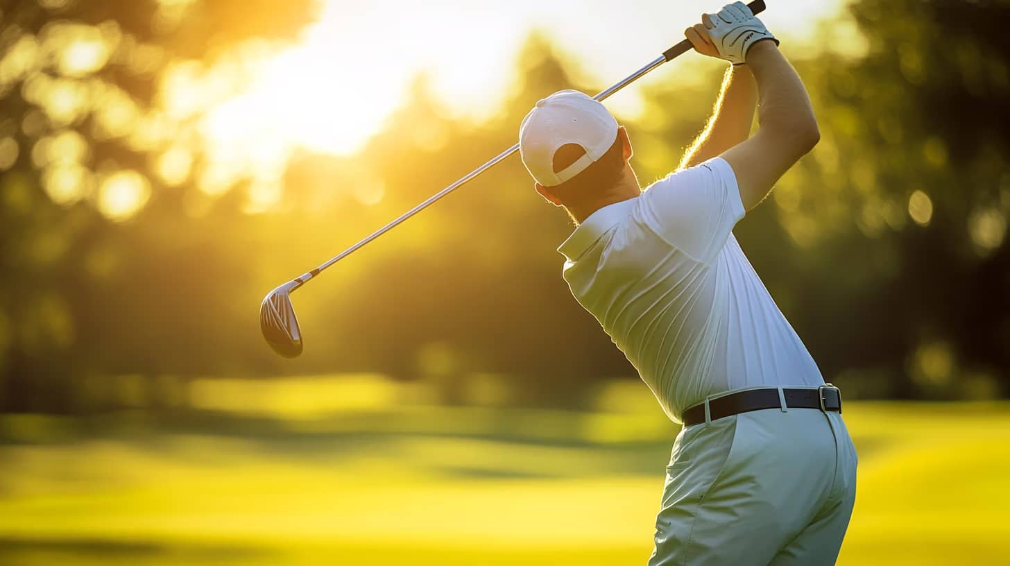 A golfer in a white outfit and cap swings a club on a lush green course, with the sun setting in the background, casting a warm glow over the scene.