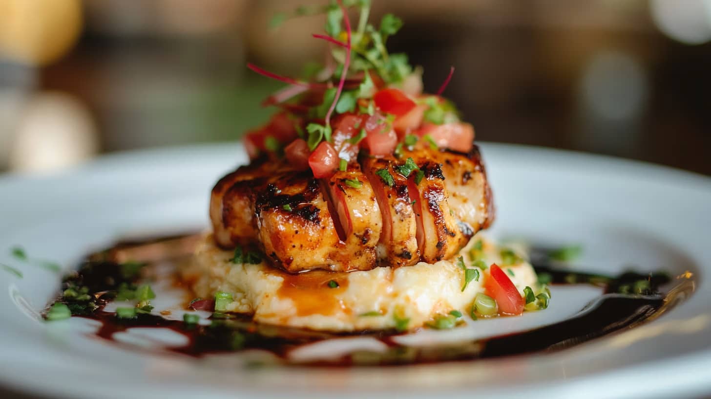A gourmet dish featuring a seared piece of fish topped with diced tomatoes and fresh greens, served on a bed of creamy mashed potatoes. Balsamic glaze is drizzled around the plate for decoration.