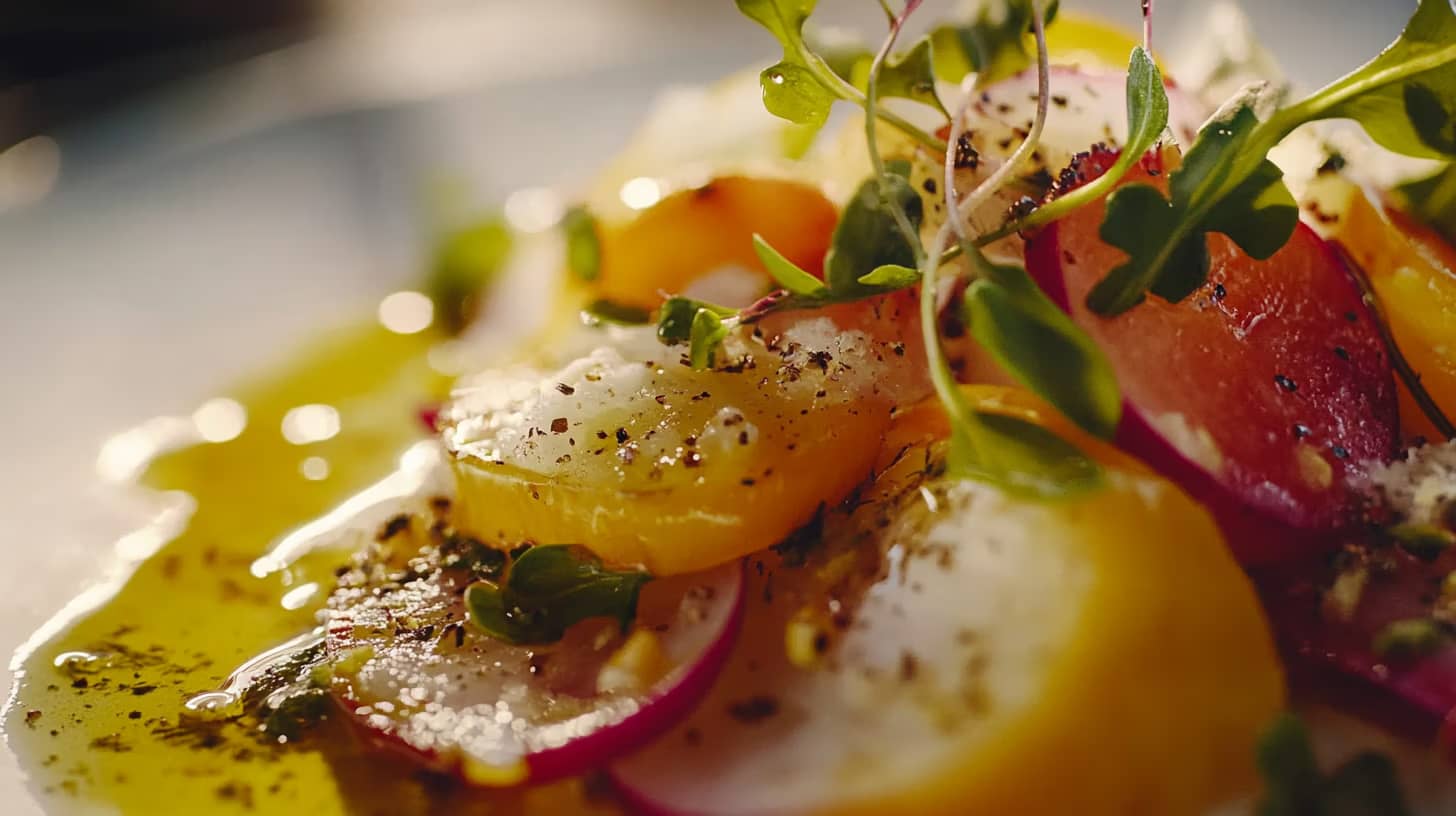 Close-up of a fresh salad with thin slices of radish, golden beetroot, greens, and a drizzle of olive oil. Lightly seasoned with black pepper, the salad is vibrant and colorful.