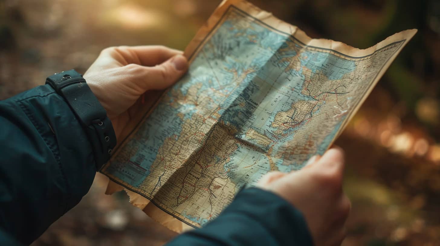A person wearing a dark jacket holds an old, folded map with both hands. The map displays geographic details of a region. The background is blurred, suggesting an outdoor setting.