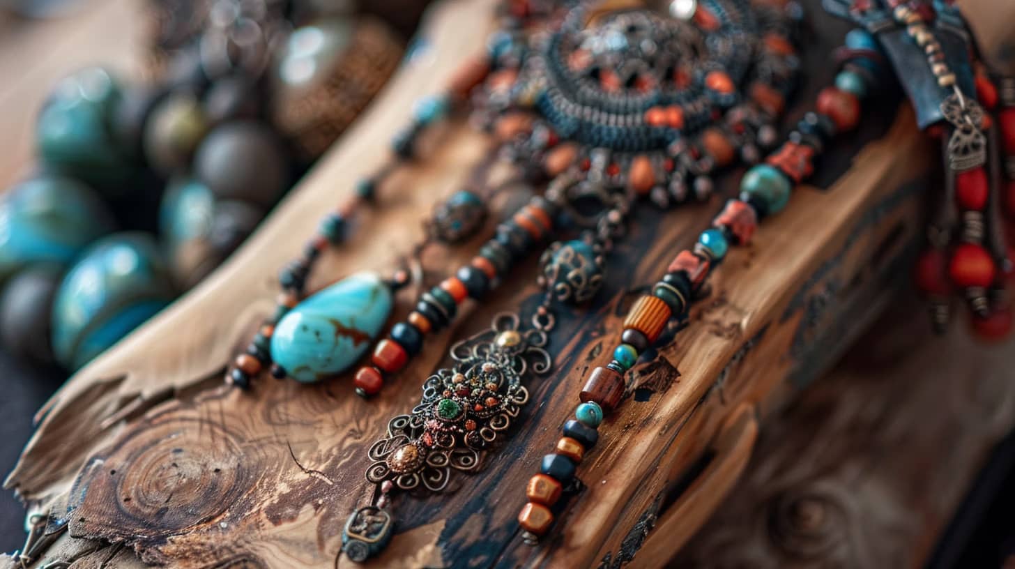 A collection of intricate beaded necklaces with turquoise, red, and brown stones, laid out on a rustic wooden surface. The necklaces feature ornate metalwork and colorful beads, showcasing a bohemian style.