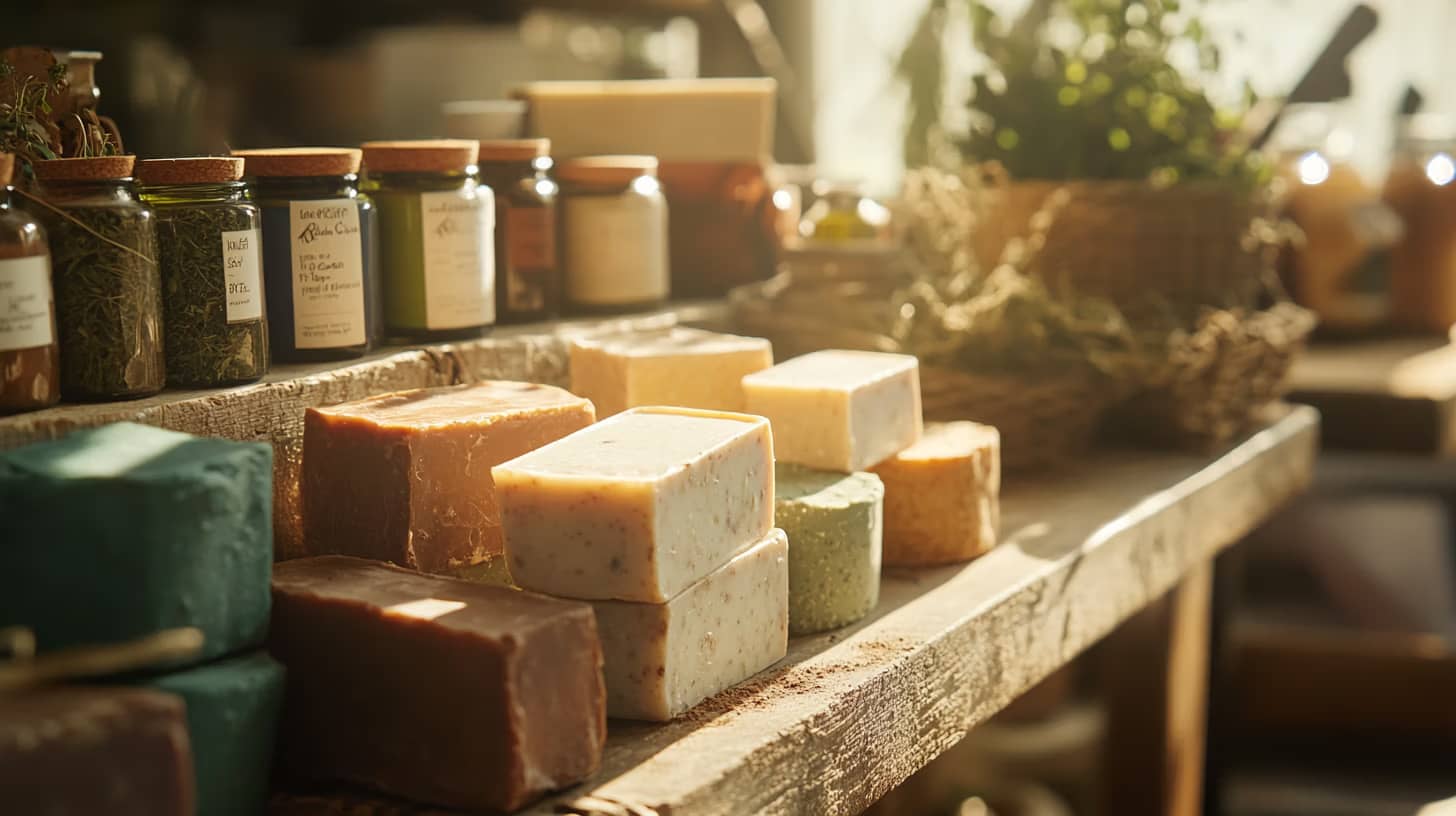 A rustic wooden table displays an assortment of handmade soaps in various colors and textures. Behind them, glass jars of herbs are neatly lined up. Soft sunlight filters through, creating a warm, inviting atmosphere.