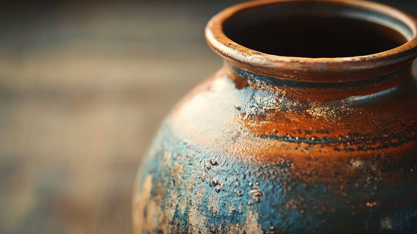 Close-up of an aged, rustic clay vase with an earthy brown and blue textured surface. The focus is on the vase's neck and upper body, showing its weathered details and natural imperfections, set against a blurred background.