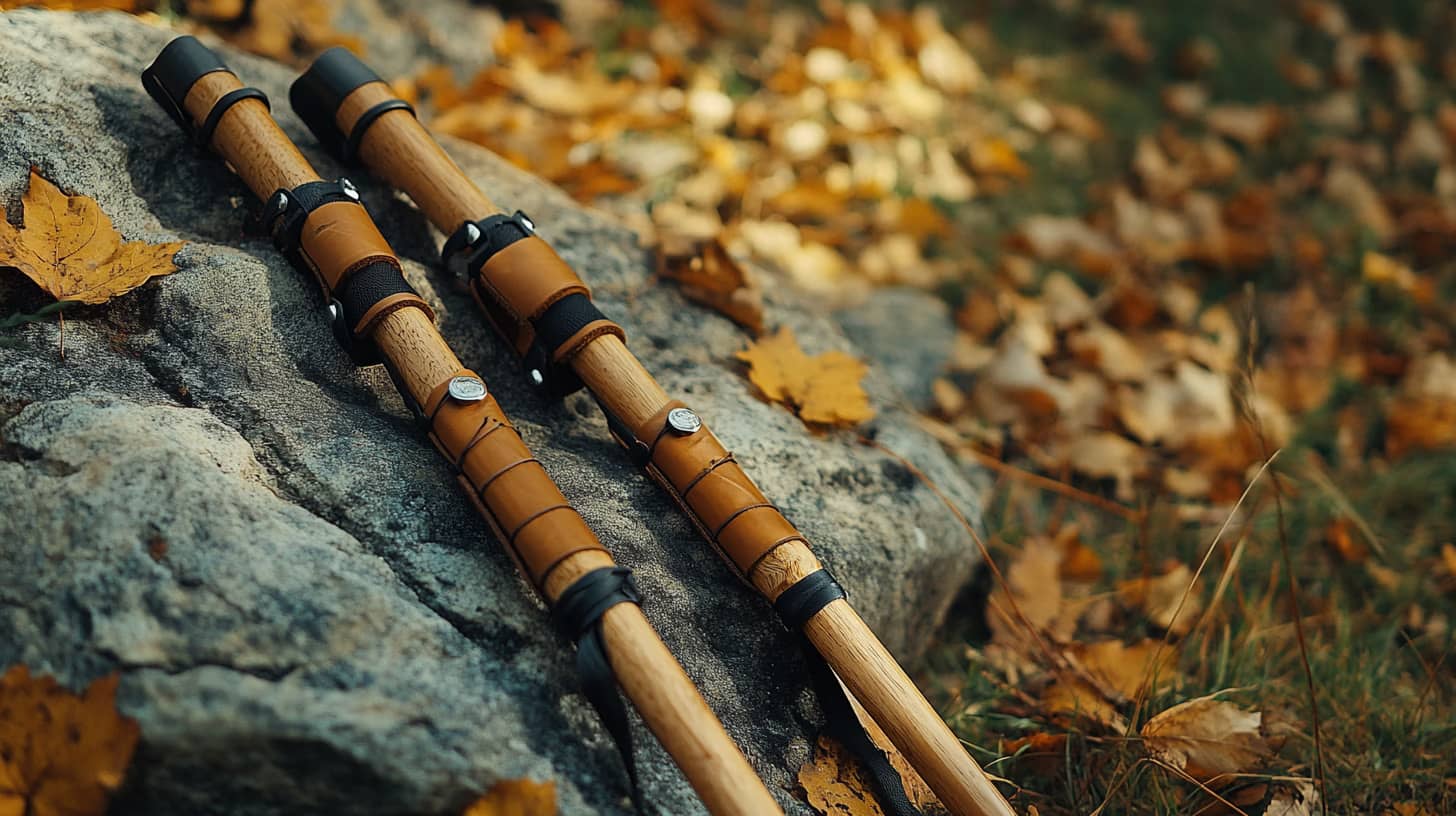 Two wooden hiking poles with leather grips rest against a large rock surrounded by fallen autumn leaves.