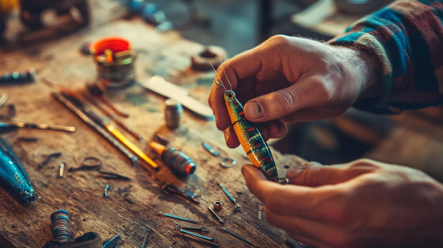 A person holding a colorful fishing lure at a cluttered wooden workbench, surrounded by tools and various fishing gear. The setting is warmly lit, creating a cozy atmosphere.
