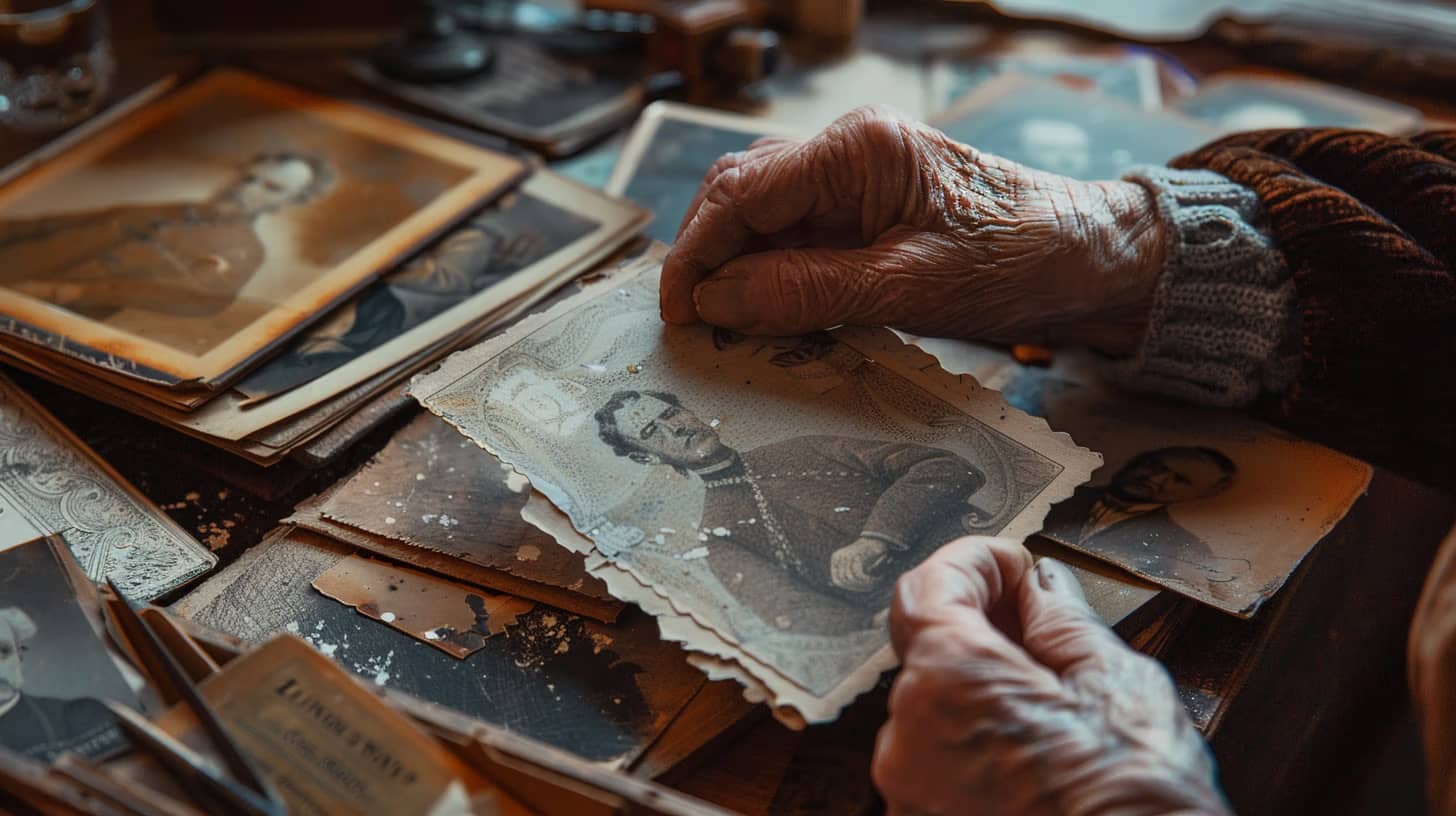 An elderly person with wrinkled hands holds an old sepia-toned photograph of a man in military uniform. The table is scattered with other vintage photos and documents. The scene conveys a sense of nostalgia and historical memory.