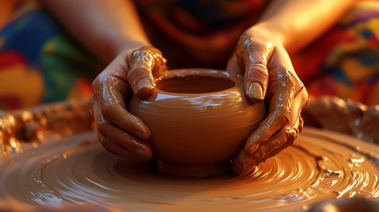 A person shapes a clay pot on a pottery wheel. Their hands are covered in wet clay, focused on crafting the smooth, rounded form. The background is softly blurred, highlighting the vivid colors of their clothing.