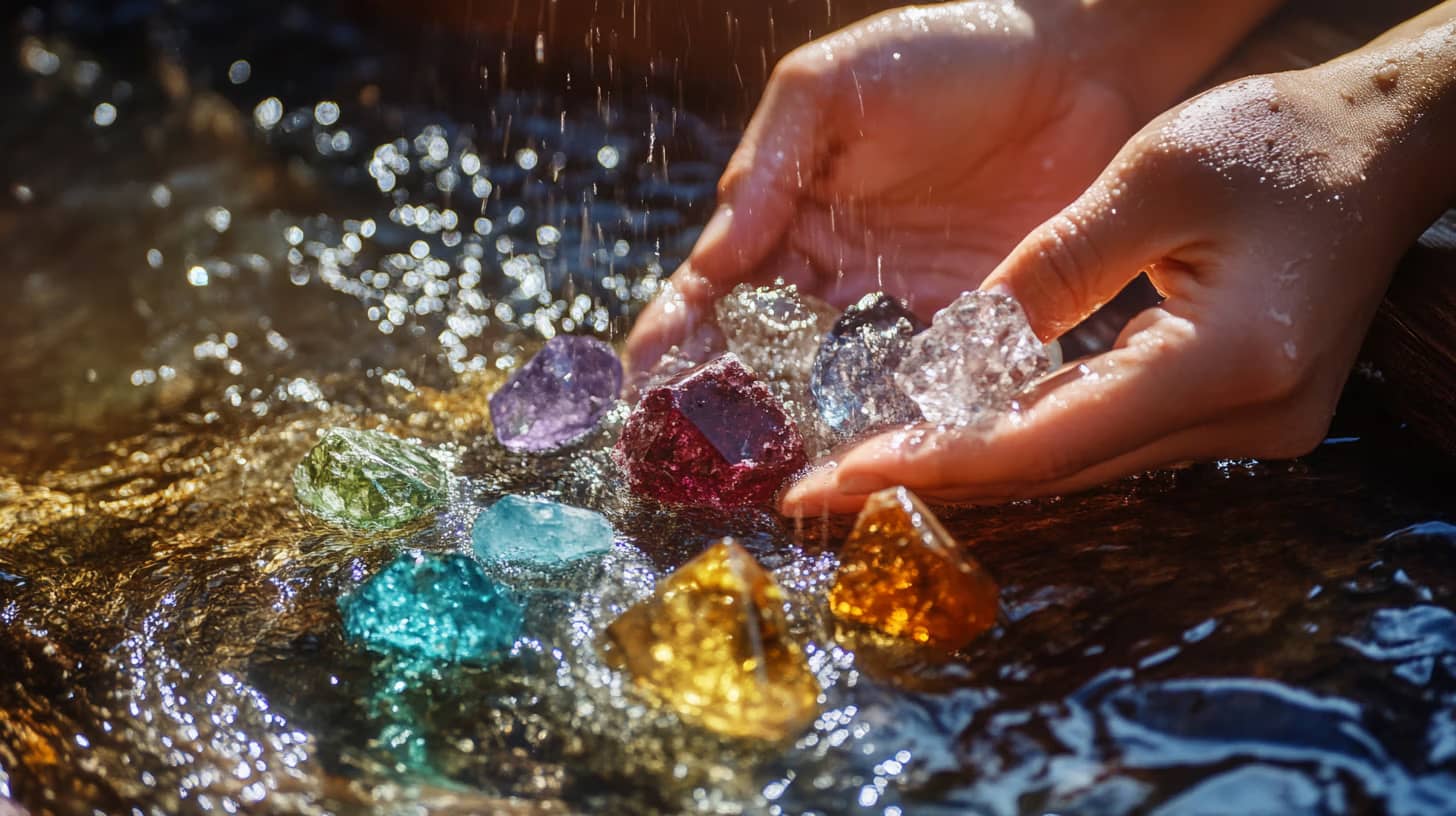 Hands hold colorful gemstones being rinsed under flowing water. The gems include shades of red, blue, green, purple, and amber, scattered on a wet surface, glistening in the sunlight.