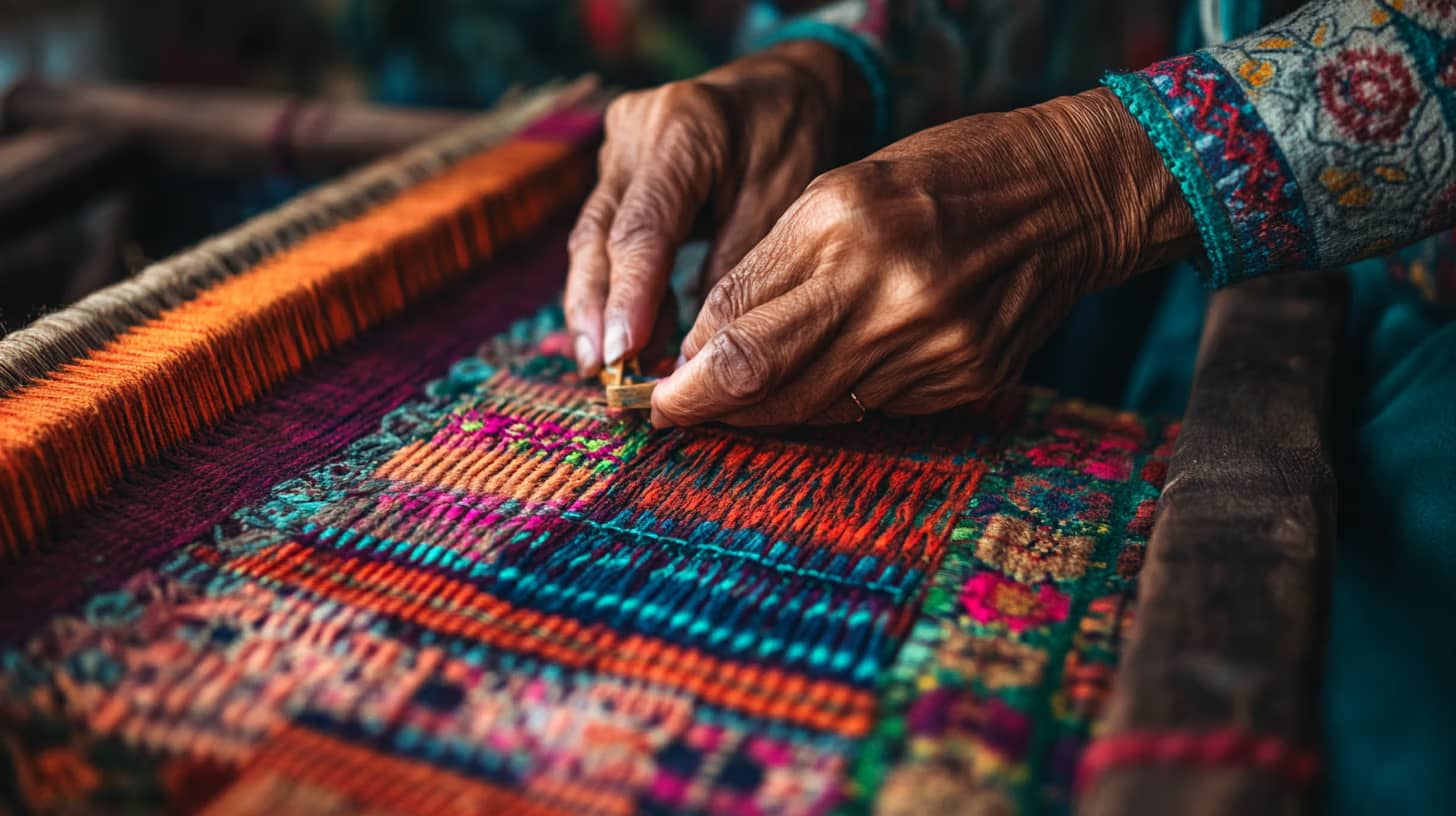 Close-up of hands weaving a colorful textile on a loom, featuring vibrant orange, blue, and pink hues. The detailed fabric shows intricate patterns, while the person's sleeves display a floral design.