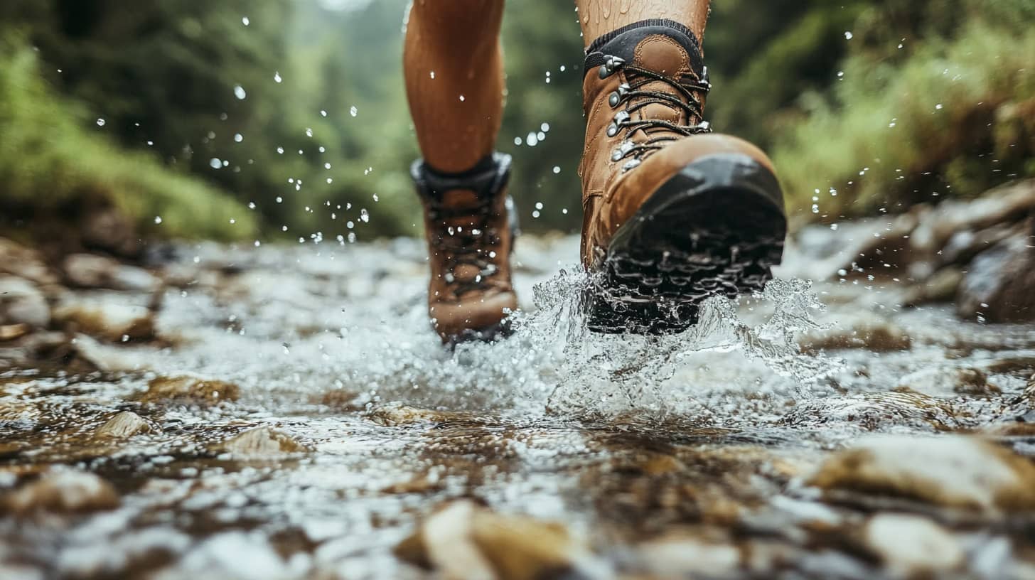 Close-up of a person wearing brown hiking boots, splashing through a shallow creek. Water droplets are flying as the boots make contact with the water, surrounded by a forested background.