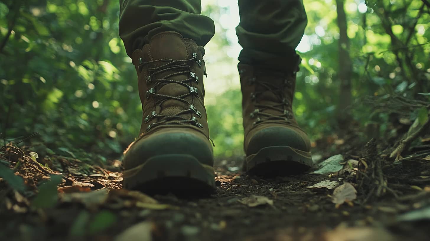 A close-up of a person's brown hiking boots walking on a dirt path in a lush green forest. The sunlight filters through the trees, creating a serene atmosphere. The focus is on the boots, showing details of the laces and rugged soles.