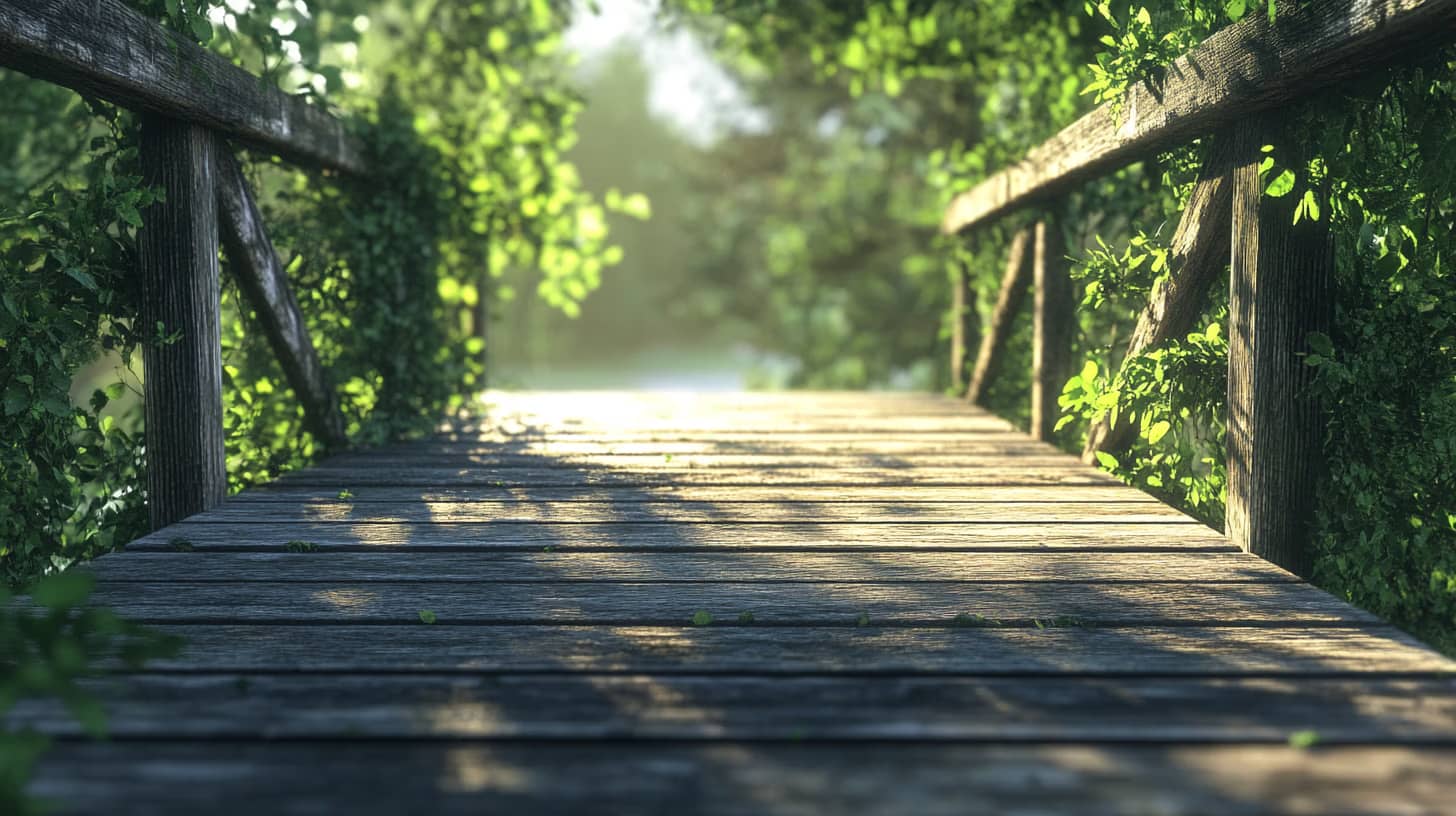 A wooden bridge bathed in sunlight, surrounded by lush green foliage. The path leads into a softly focused background of trees, creating a peaceful, natural setting. Rays of light filter through the leaves, casting gentle shadows on the bridge.