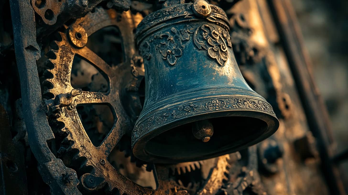 A close-up of an intricate, weathered brass bell surrounded by large, rusted clock gears. The bell features ornate floral engravings, adding a vintage aesthetic to the industrial background. The image conveys a sense of history and craftsmanship.