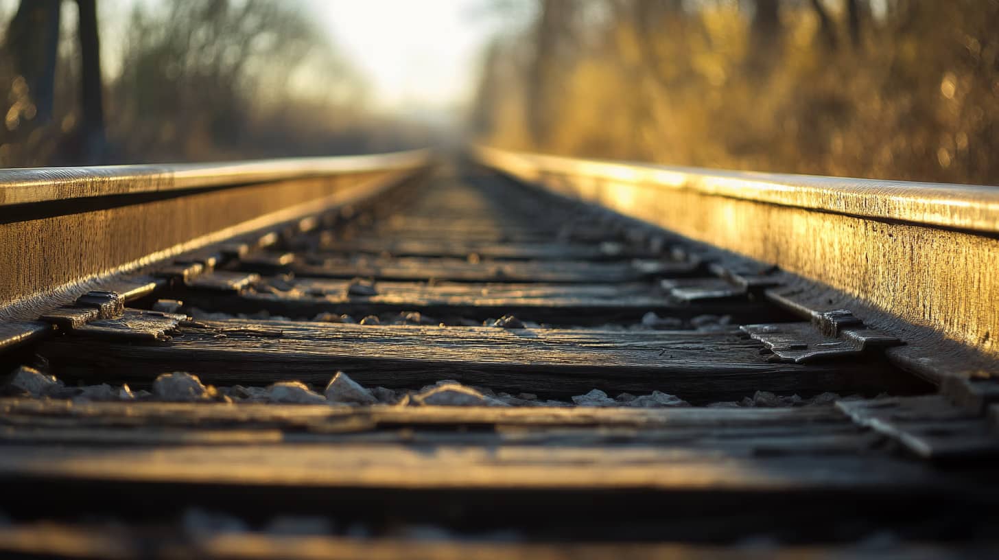 Close-up of railway tracks receding into the distance, surrounded by blurred trees. Warm sunlight creates a soft, golden glow on the metal and wooden sleepers, giving the scene a serene and tranquil atmosphere.
