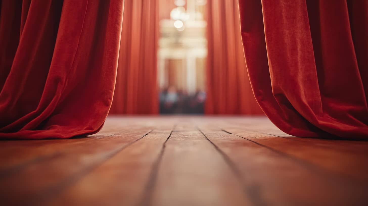 A theater stage with wooden flooring, framed by red velvet curtains. The curtains are partially open, revealing a blurred view of a grand interior with ornate decorations in the background. The focus is on the stage and curtains.