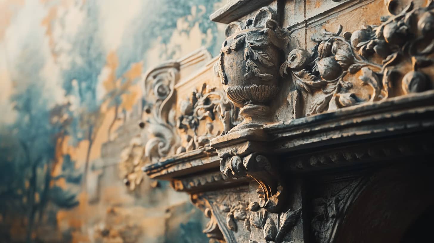 Ornate architectural detail of a decorative stone fireplace with intricate floral carvings. The background features a mural with nature motifs in soft, muted tones. The focus is on the craftsmanship of the carved embellishments.
