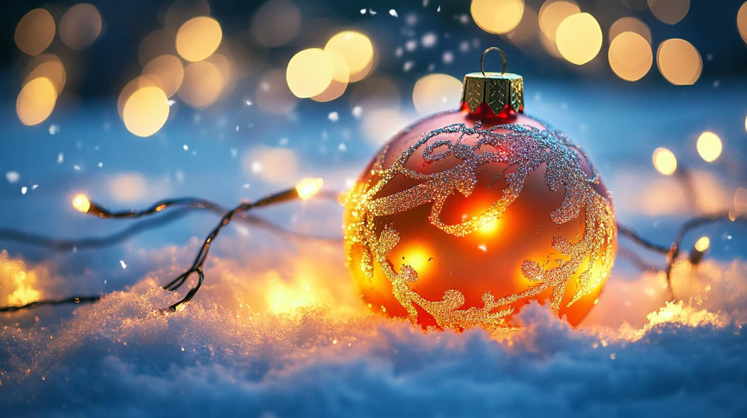 A glittering red Christmas ornament rests in the snow, surrounded by warm, glowing fairy lights. The background features a bokeh effect of blurred lights, creating a festive and cozy atmosphere.