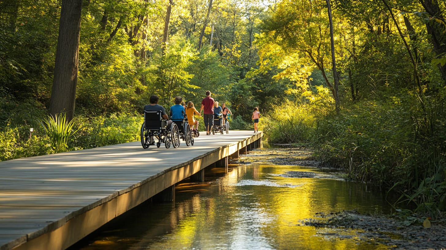 People enjoy a sunny day on a wooden boardwalk in a lush forest. Two individuals in wheelchairs join others walking, with a serene stream running alongside. Dappled sunlight filters through the trees, creating a peaceful atmosphere.