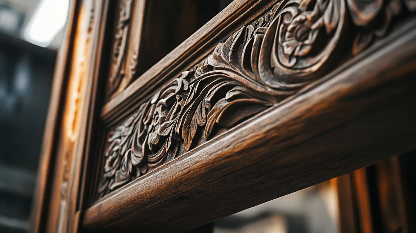 Close-up view of an intricately carved wooden frame featuring detailed floral patterns. The rich brown wood showcases exquisite craftsmanship with swirling designs, highlighting the texture and artistry of the carving.