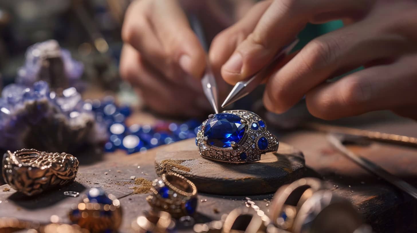 A jeweler meticulously adjusts a large blue gemstone set in an ornate silver ring, surrounded by smaller gems. The workbench is filled with tools and loose jewels, suggesting a detailed and artistic work in progress.