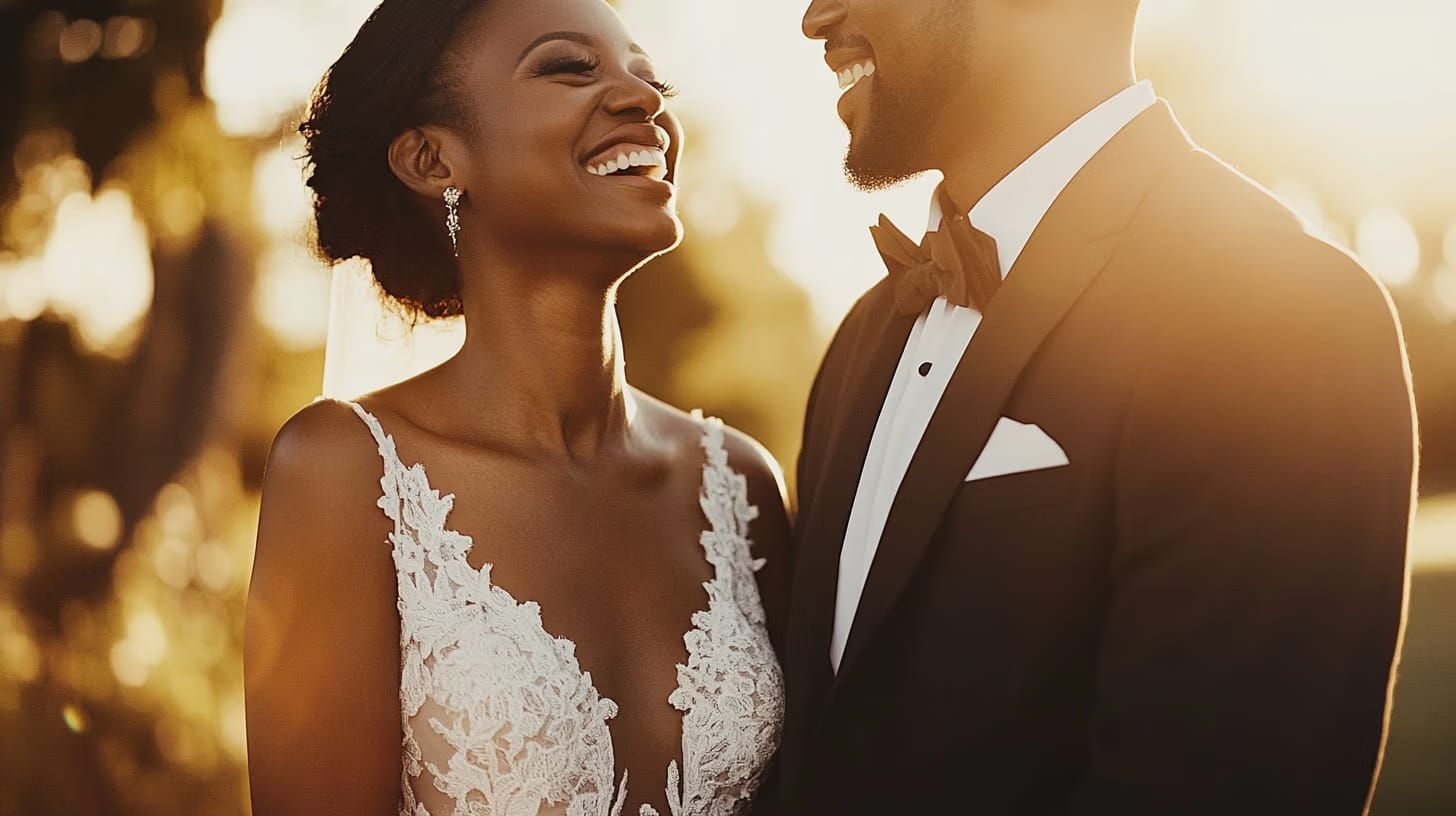 A joyful couple stands close together in formal wedding attire, bathed in warm, golden sunlight. The bride is wearing a lace dress and earrings, while the groom is in a tuxedo with a bow tie. They are both smiling against a blurred outdoor background.