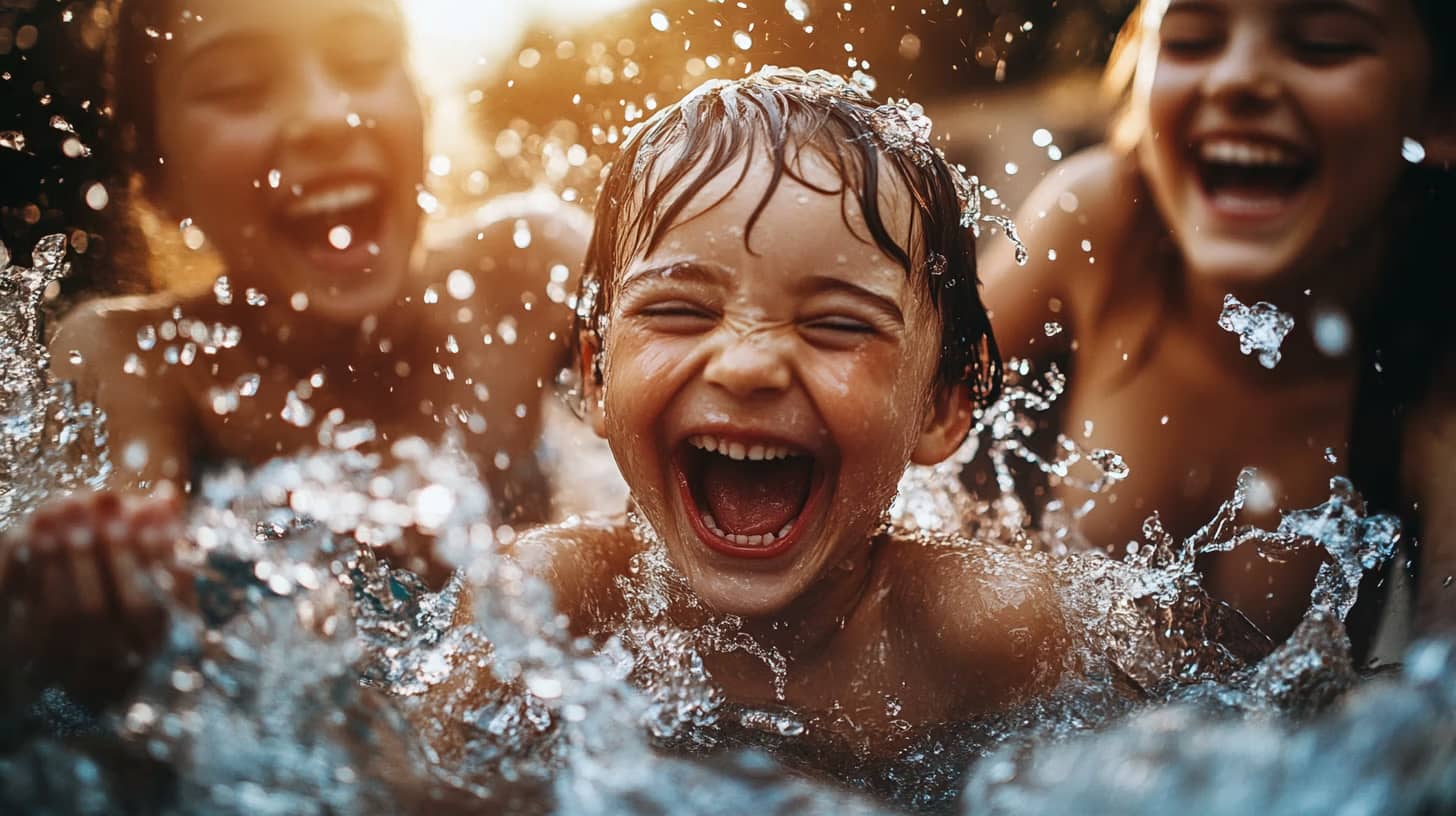 A young child with wet hair is joyfully splashing in water, surrounded by two other laughing children. Sunlight creates a warm glow, highlighting their exuberant expressions and the sparkling water droplets.
