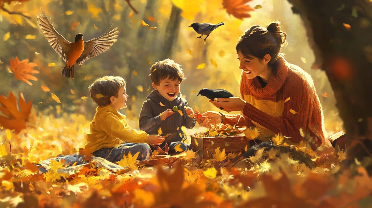 A woman and two children sit on a blanket amidst fallen autumn leaves. They are surrounded by birds, with one perched on the woman's hand. Sunlight filters through the trees, creating a warm, joyful atmosphere.