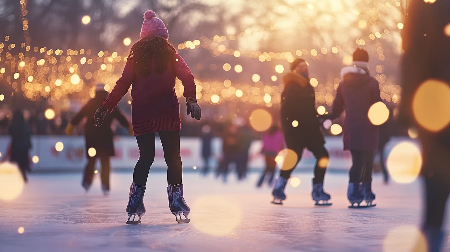 People ice skating outdoors at sunset, surrounded by festive string lights. A child in a pink hat and red coat is in the foreground. The atmosphere is lively and warm with a bokeh effect enhancing the scene.