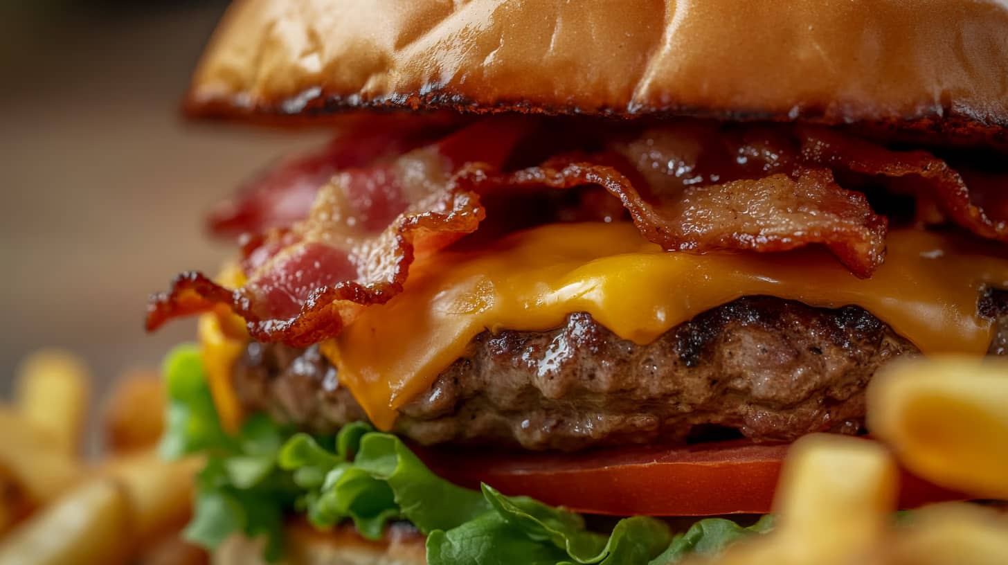 Close-up of a juicy cheeseburger with crispy bacon, fresh lettuce, and tomato on a toasted bun. Fries are blurred in the foreground, emphasizing the burger's savory and appetizing appearance.