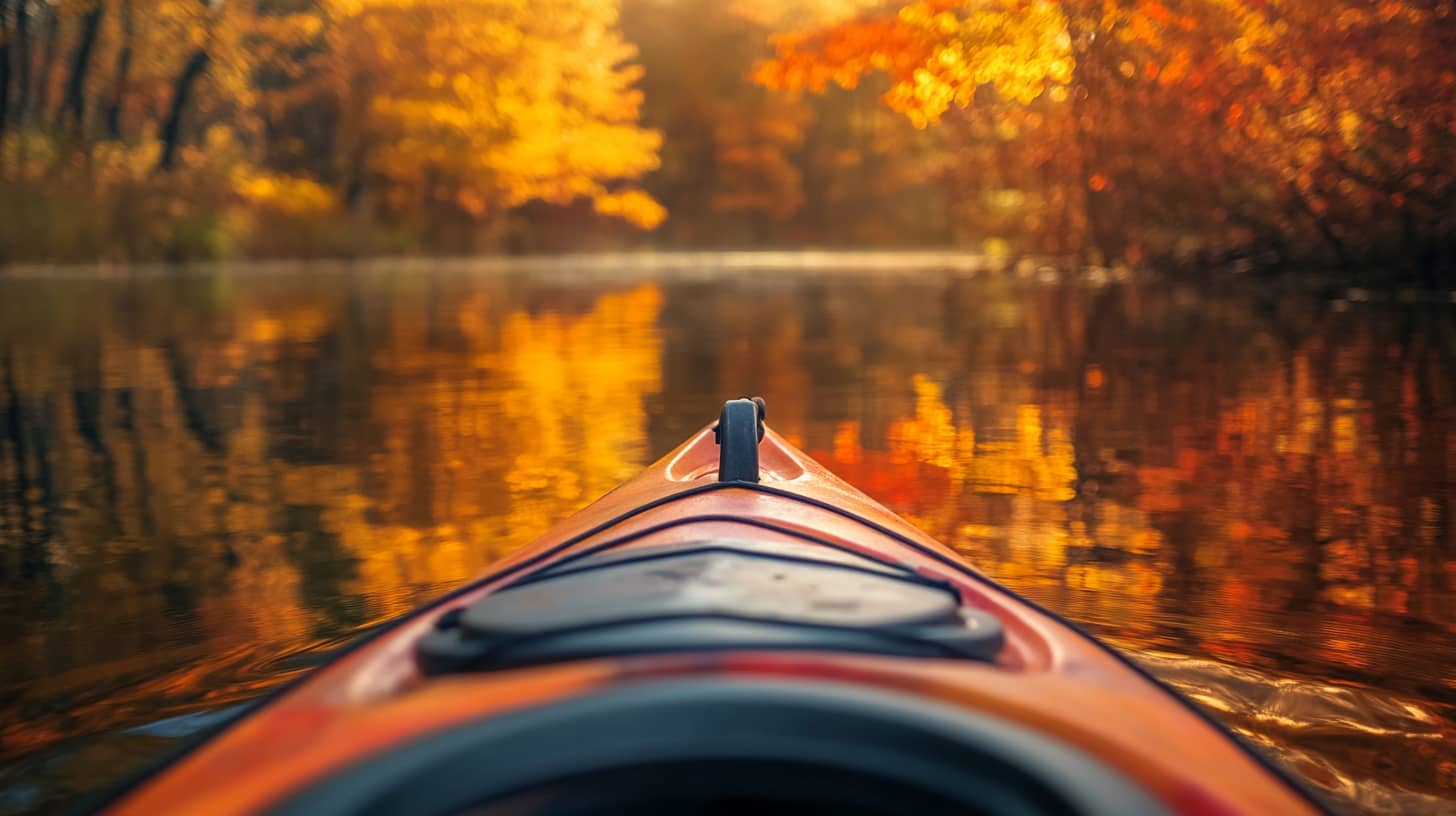 A kayak glides through calm water surrounded by vibrant autumn foliage. Sunlight filters through the trees, casting a warm glow on the scene, reflecting orange and yellow hues in the water.
