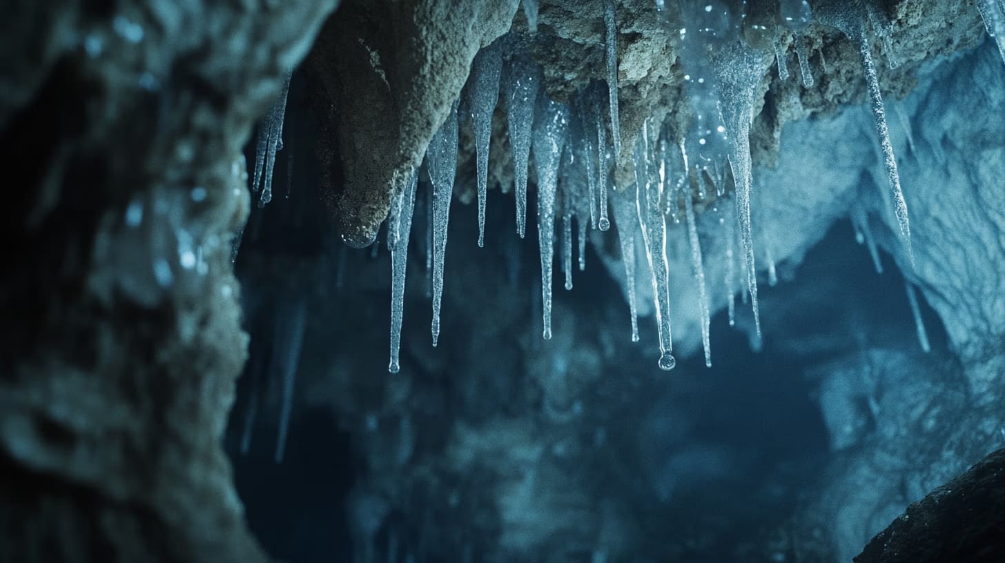 A dark, atmospheric cave scene with multiple stalactites hanging from the ceiling. The stalactites are wet, glistening with moisture in the dim light, creating an eerie and mysterious ambiance.