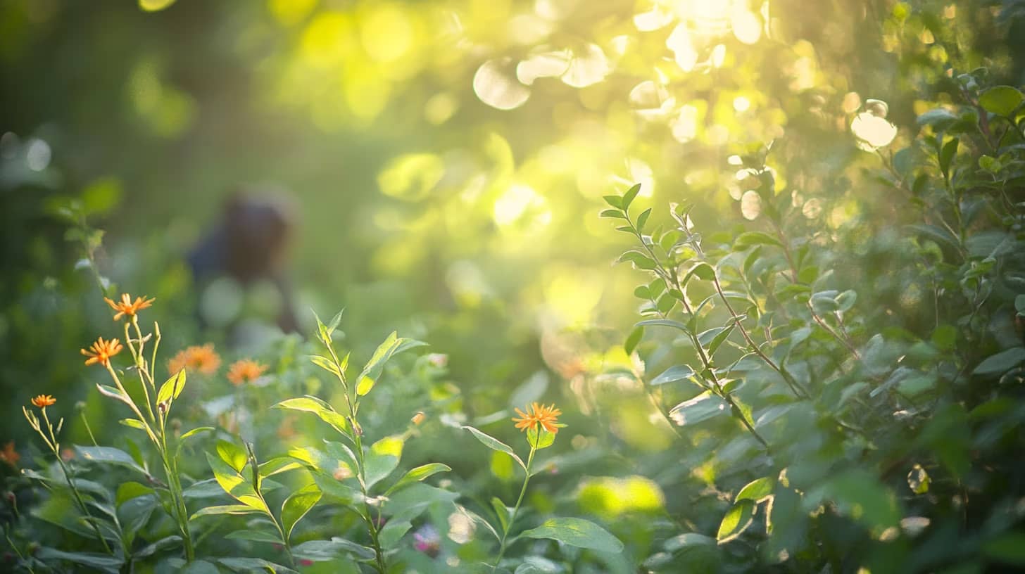 A sunlit garden filled with lush green foliage and a few small yellow flowers in bloom. Sunlight filters through the leaves, creating a warm and serene atmosphere. A blurred figure in the background suggests someone tending to the garden.