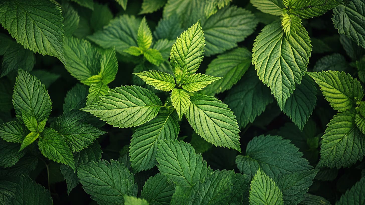 A close-up of lush green leaves with serrated edges, varying in shades from dark to light green. The leaves overlap, creating a dense, textured pattern. Some leaves catch more light, highlighting their vibrant color and intricate veins.