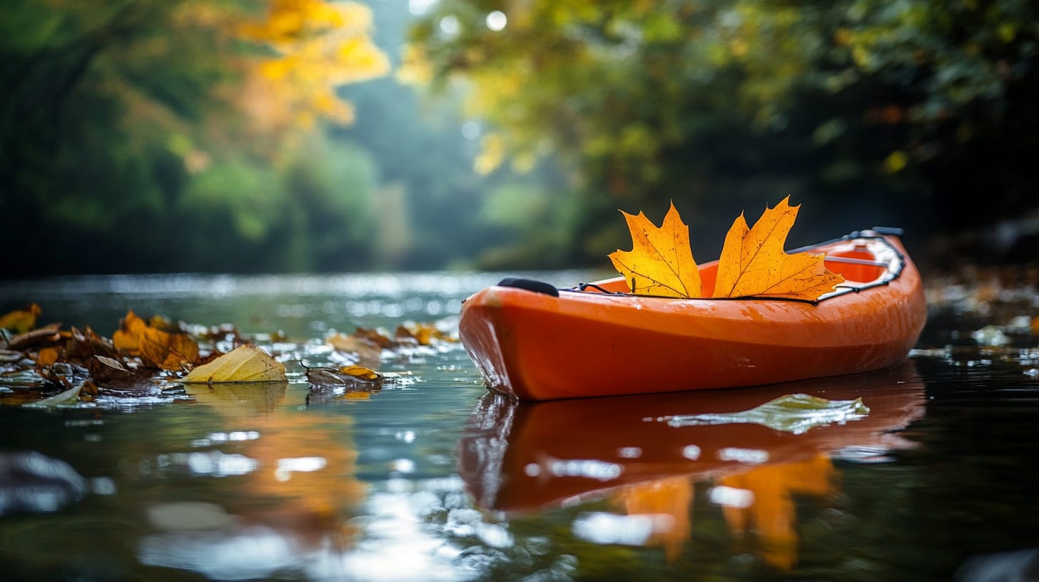 A bright orange kayak floats on a calm river surrounded by autumn leaves. Two large yellow maple leaves rest on the kayak's bow. The water reflects the vibrant fall foliage, creating a serene outdoor scene.