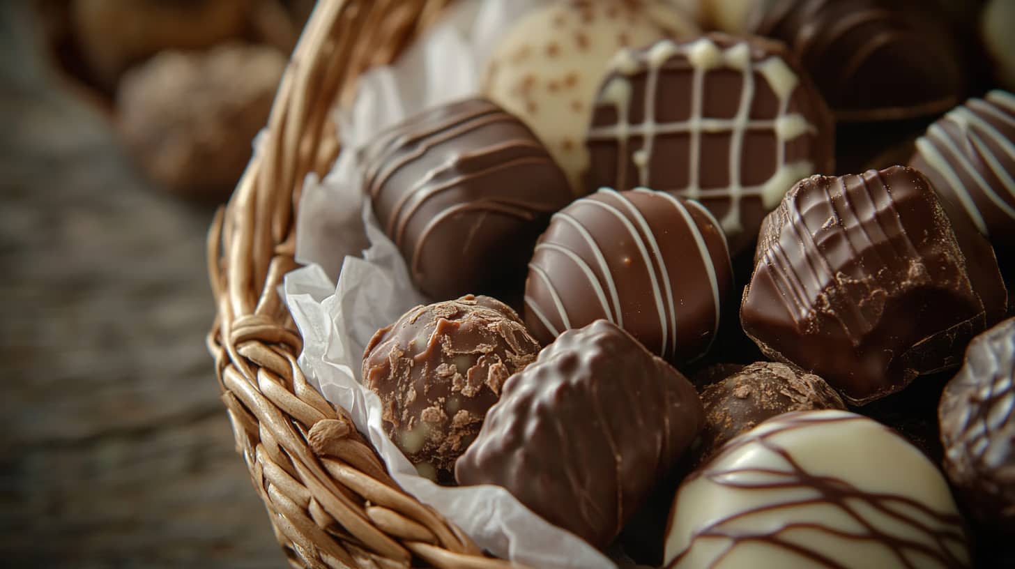 A basket filled with assorted chocolate truffles, each decorated with different patterns and textures, including drizzles and sprinkled coatings, resting on crumpled paper. The basket is woven and the background is softly blurred.