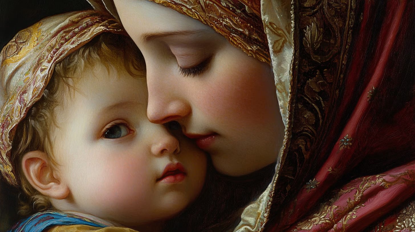A tender painting of a mother closely embracing her child. Both wear richly detailed head coverings. The mother has a serene expression, gently touching her nose to the child's face, while the child gazes outward with bright eyes.