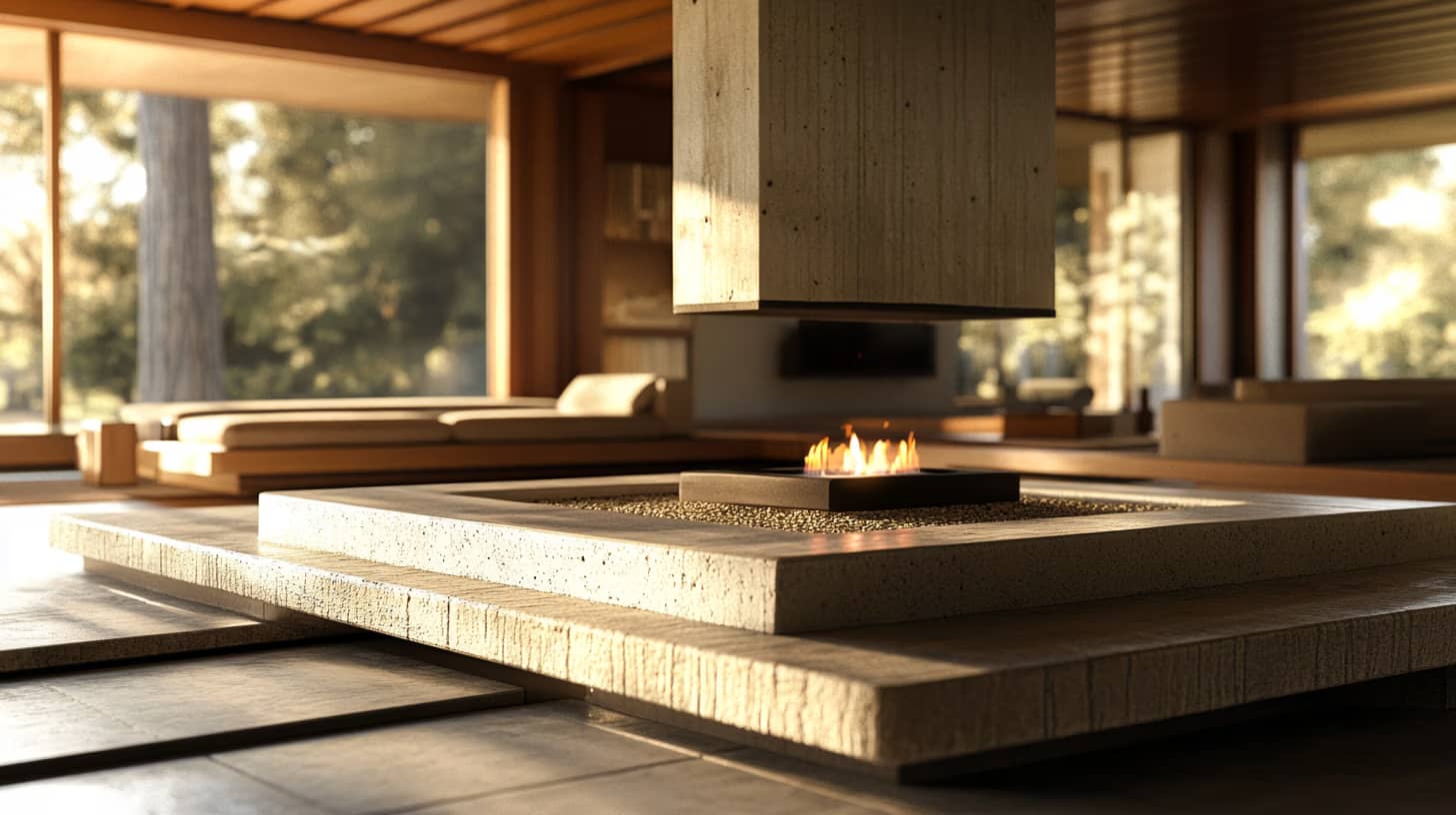 A modern living room featuring a central, suspended fireplace with a wooden frame. The space is filled with natural light from large windows, offering a view of trees outside. Minimalist furniture and warm wooden tones create a cozy ambiance.