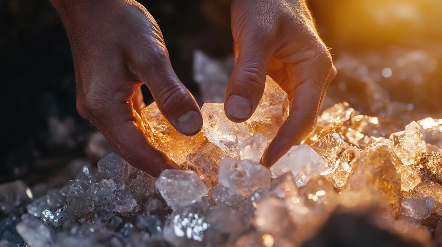 Hands gently holding and examining translucent crystal-like rocks, with warm sunlight illuminating the scene. The surrounding area is filled with similar crystalline stones, creating a reflective and glowing effect.