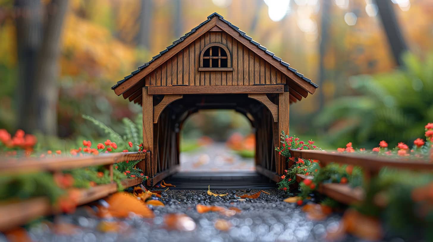 A small, wooden covered bridge surrounded by vibrant autumn foliage and red flowers. The scene is tranquil, with a pebble path leading under the bridge, set in a forested area with blurred trees in the background.
