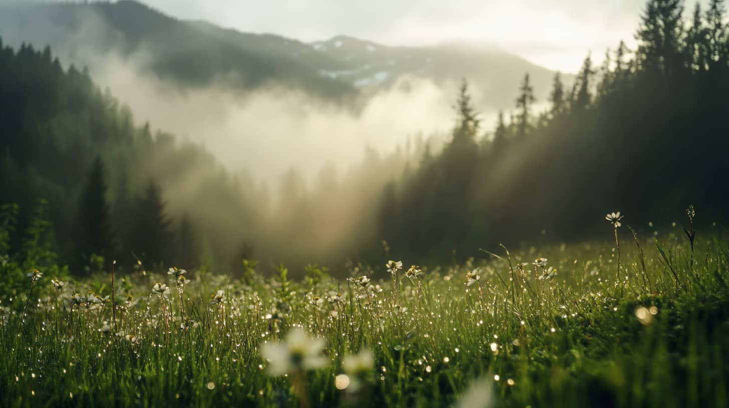 A serene mountain landscape at sunrise with mist enveloping the pine forest. A meadow in the foreground is dotted with wildflowers glistening with dew. Hazy light filters through the trees, creating a tranquil and ethereal atmosphere.