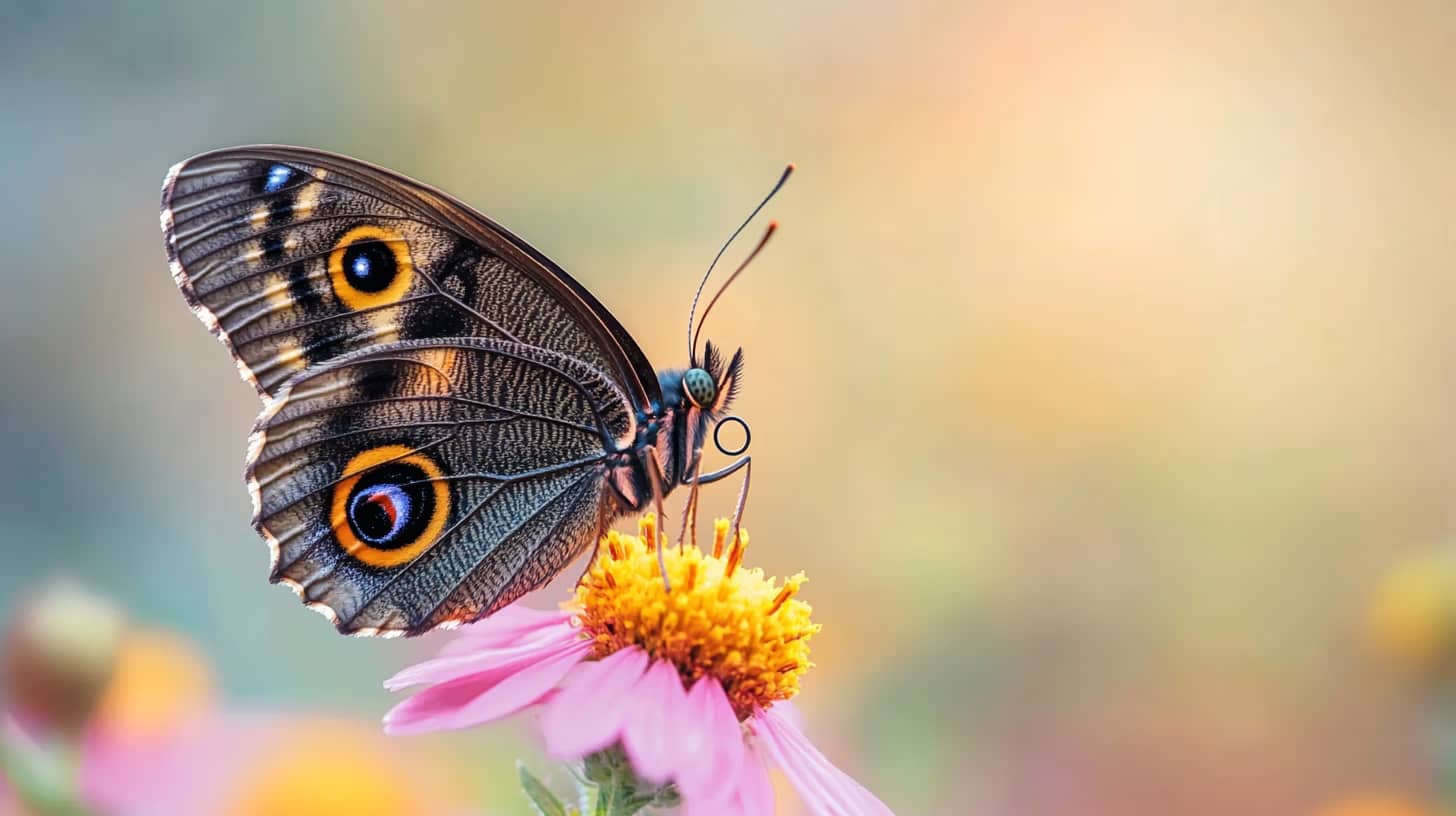 Close-up of a butterfly perched on a pink flower with a yellow center. The butterfly's wings display intricate patterns and eye-like spots. The background is softly blurred with warm, pastel colors.
