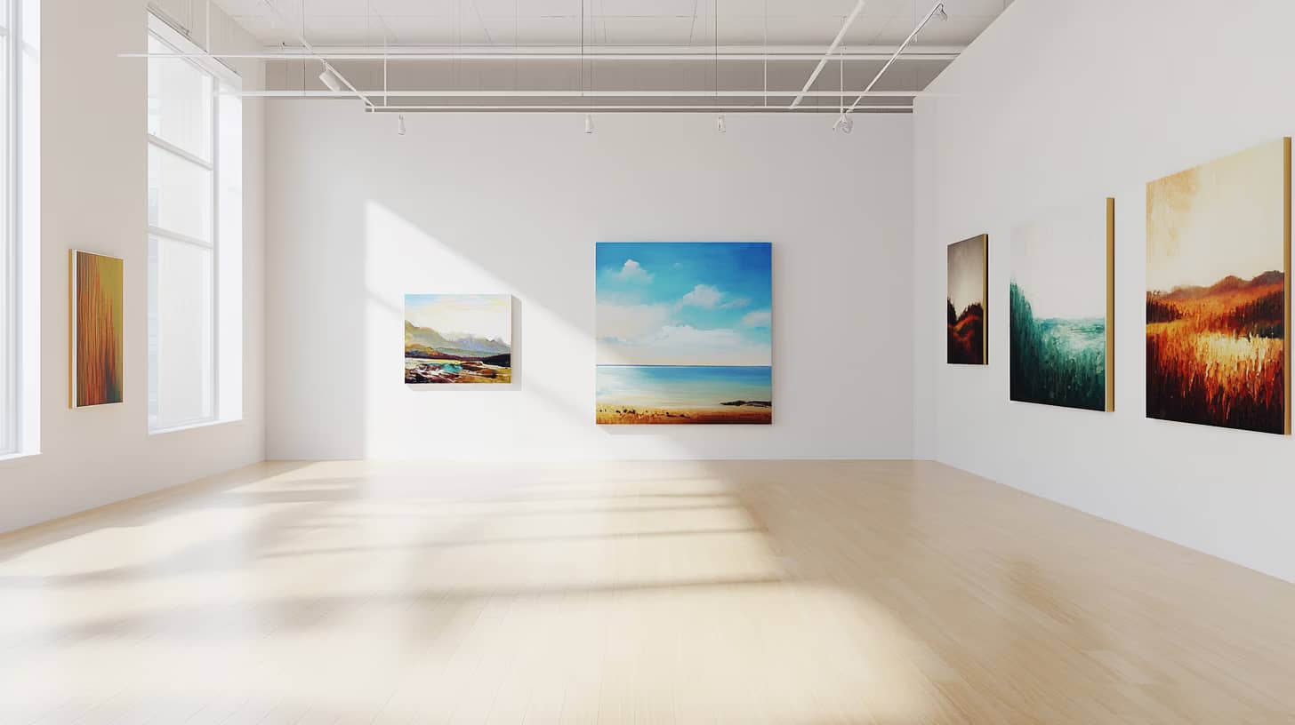 A bright, spacious art gallery with wooden floors and high ceilings. Large, colorful landscape paintings are displayed on white walls, with natural light streaming in through tall windows, creating soft shadows on the floor.